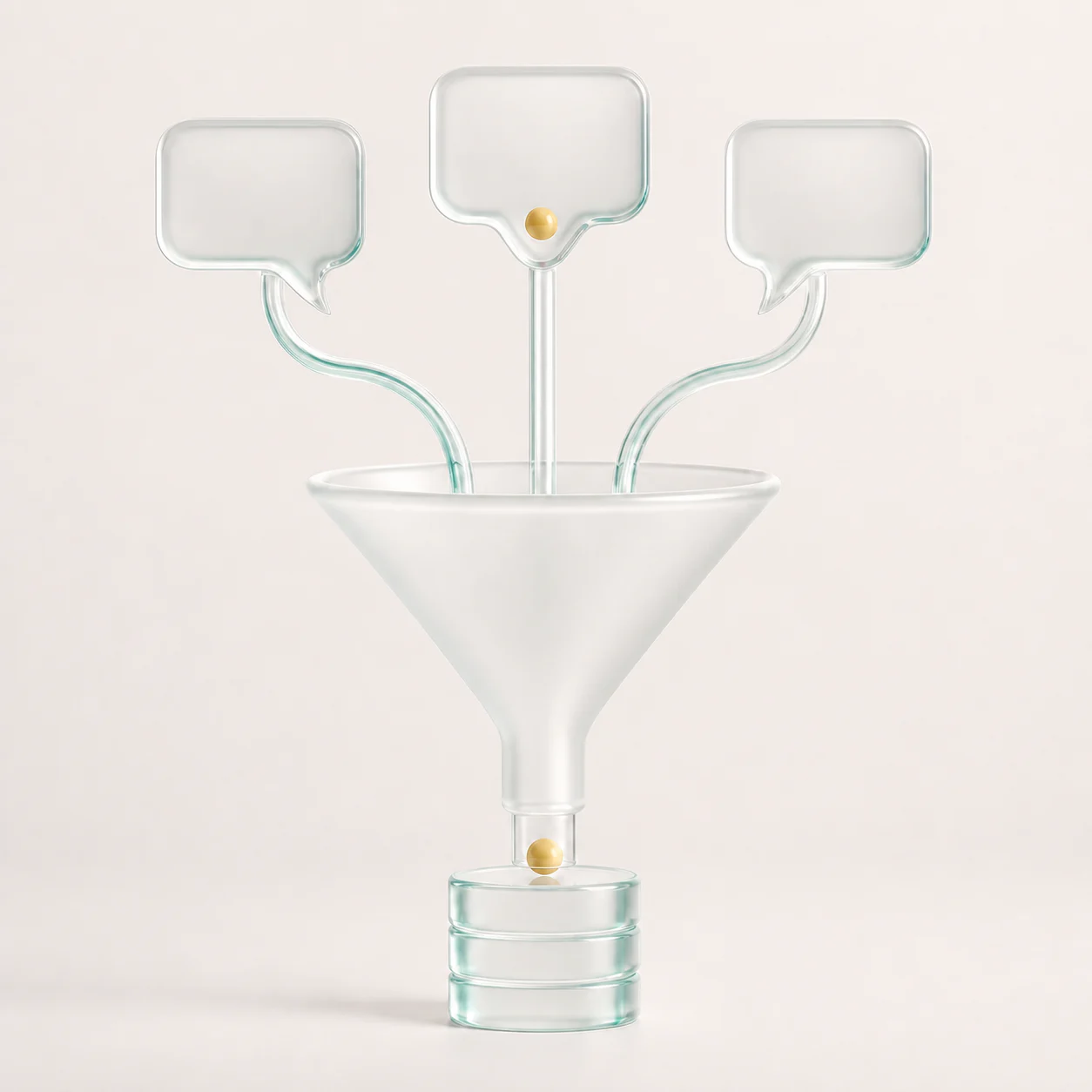 Translucent message bubbles flowing through a funnel into a database
